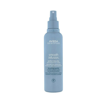 Aveda Travel Size Smooth Infusion Perfect Blow Dry Hair Serum bottle with pump applicator on a white background.