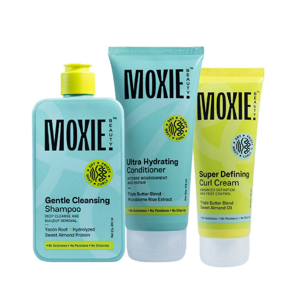 Moxie Beauty Just-The-Essentials Curly Trio hair masks set with three containers, ideal for curly hair care and hydration.
