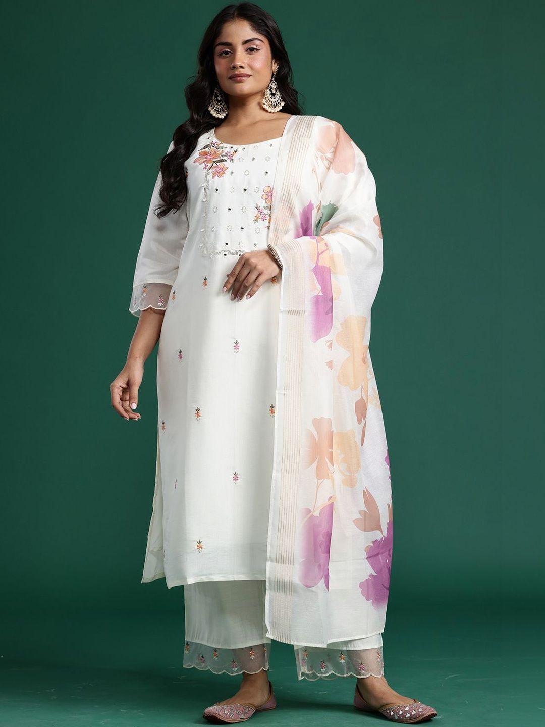 Indyancart Women's Floral Embroidered Regular Mirror Work Kurta with Trousers & With Dupatta