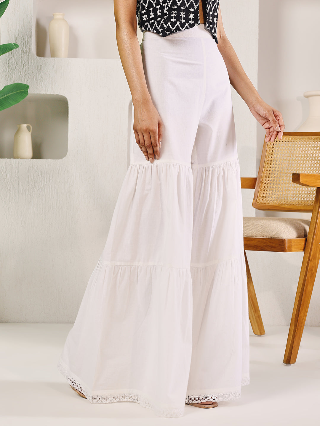 Indyancart FL Women's White Cotton Tiered Sharara