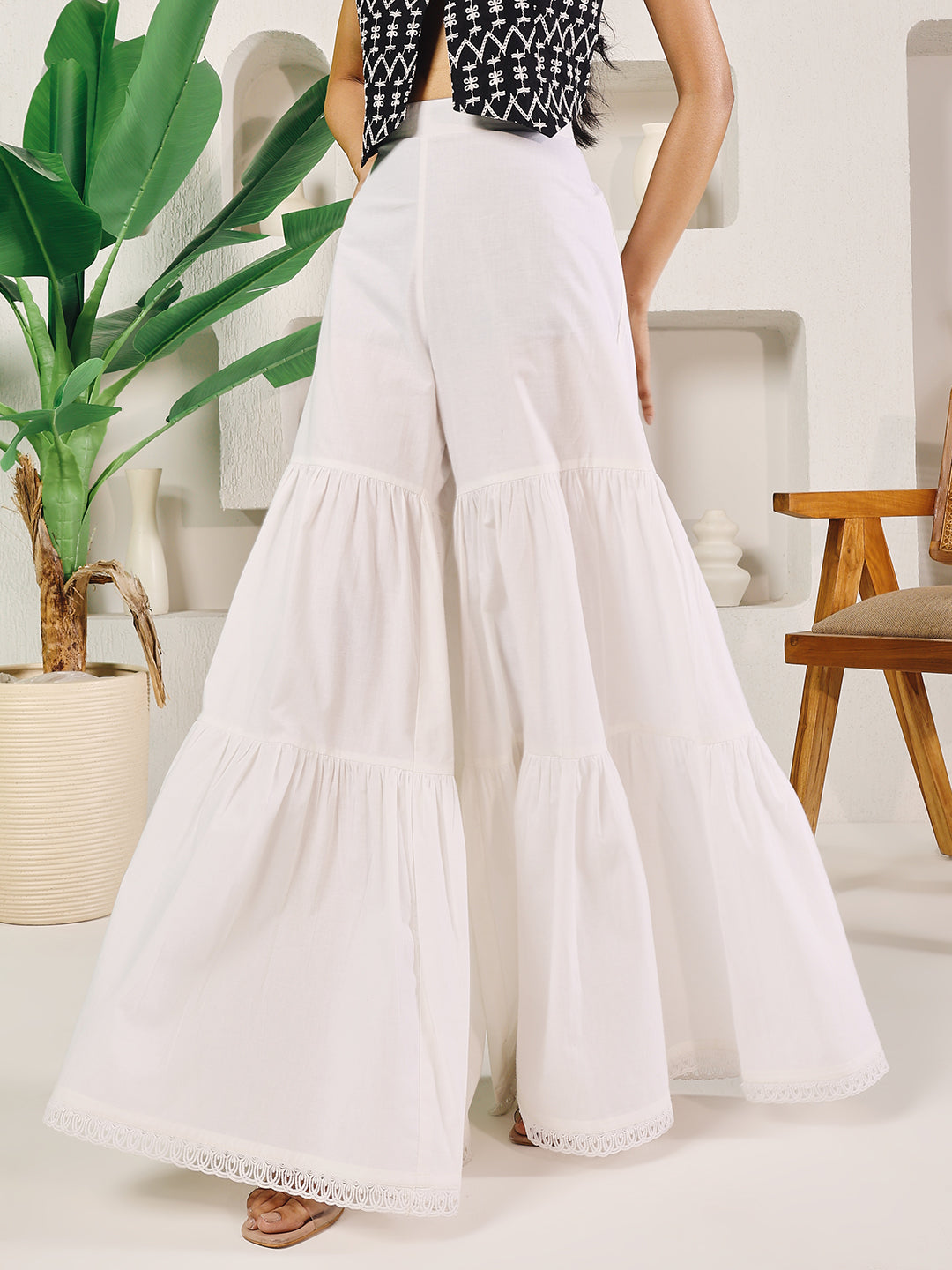 Indyancart FL Women's White Cotton Tiered Sharara