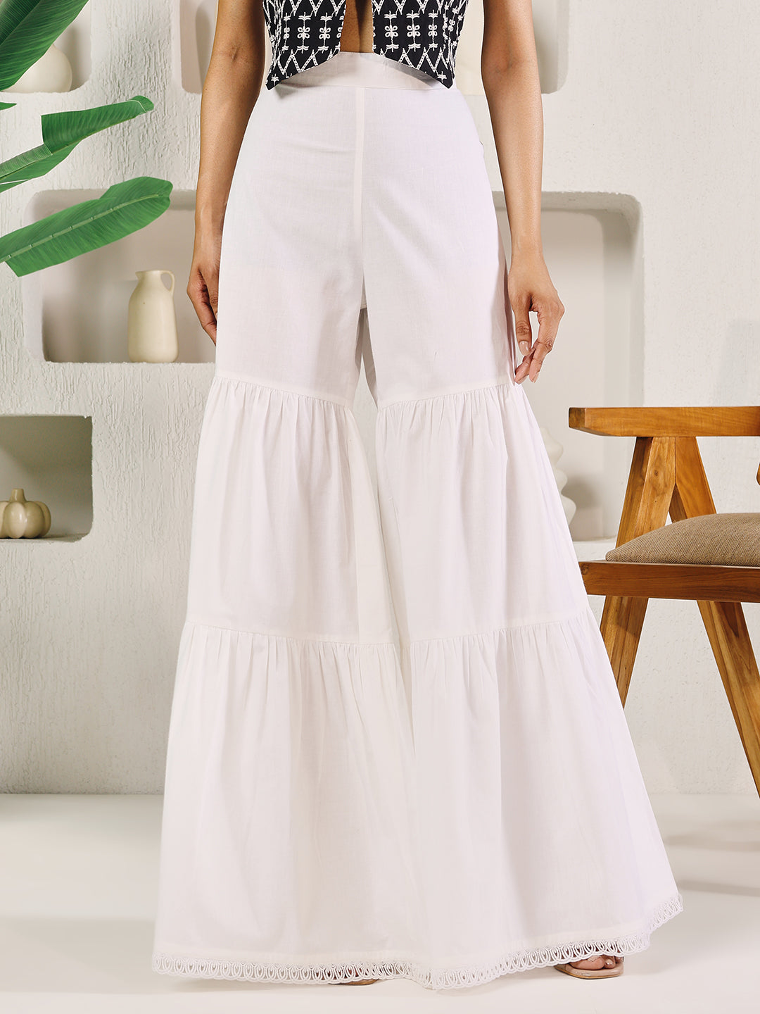 Indyancart FL Women's White Cotton Tiered Sharara