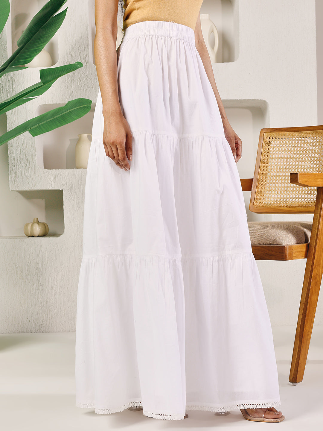 Indyancart FL Women's White Cotton Tiered Maxi Skirt