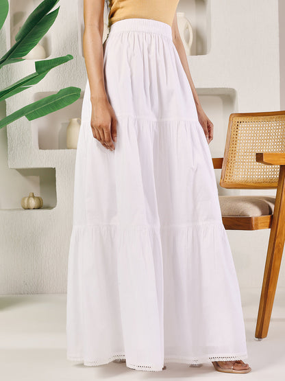 Indyancart FL Women's White Cotton Tiered Maxi Skirt