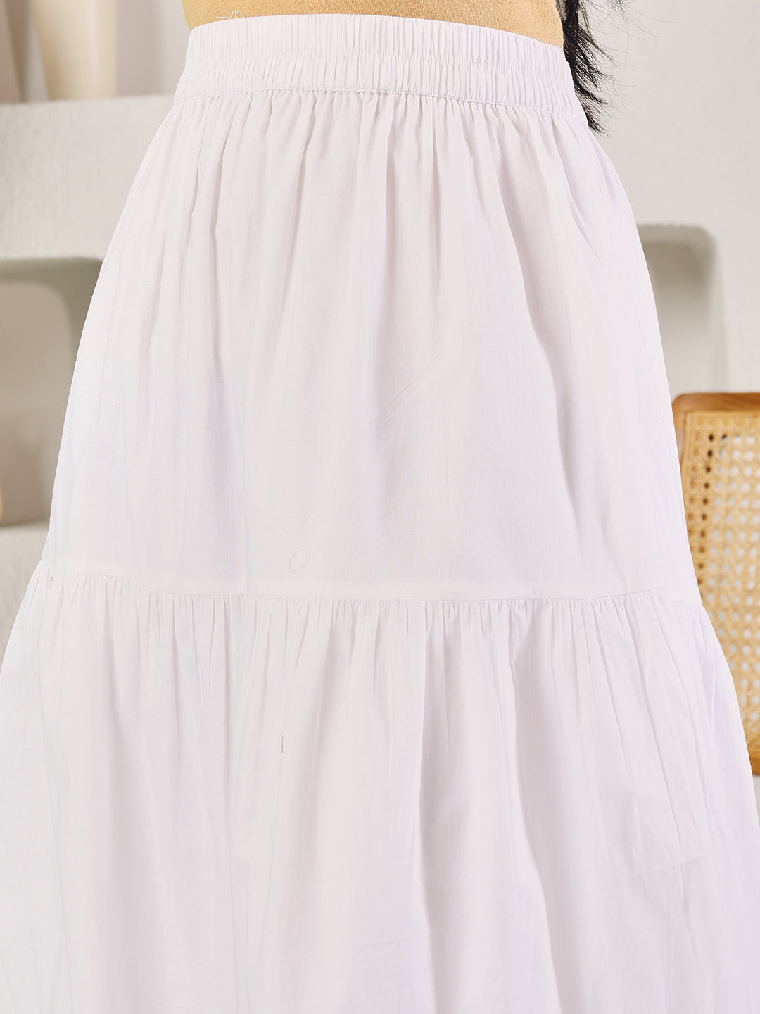 Indyancart FL Women's White Cotton Tiered Maxi Skirt