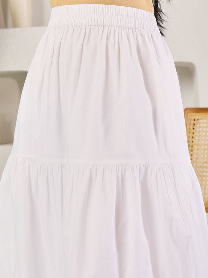 Indyancart FL Women's White Cotton Tiered Maxi Skirt