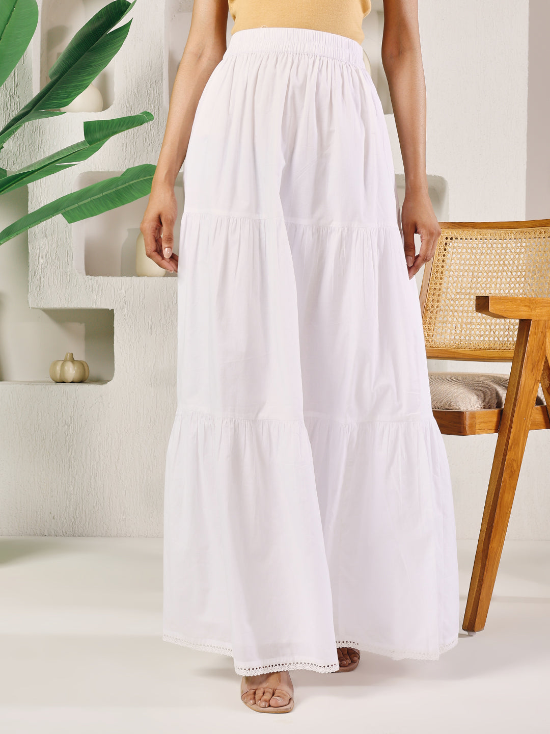 Indyancart FL Women's White Cotton Tiered Maxi Skirt