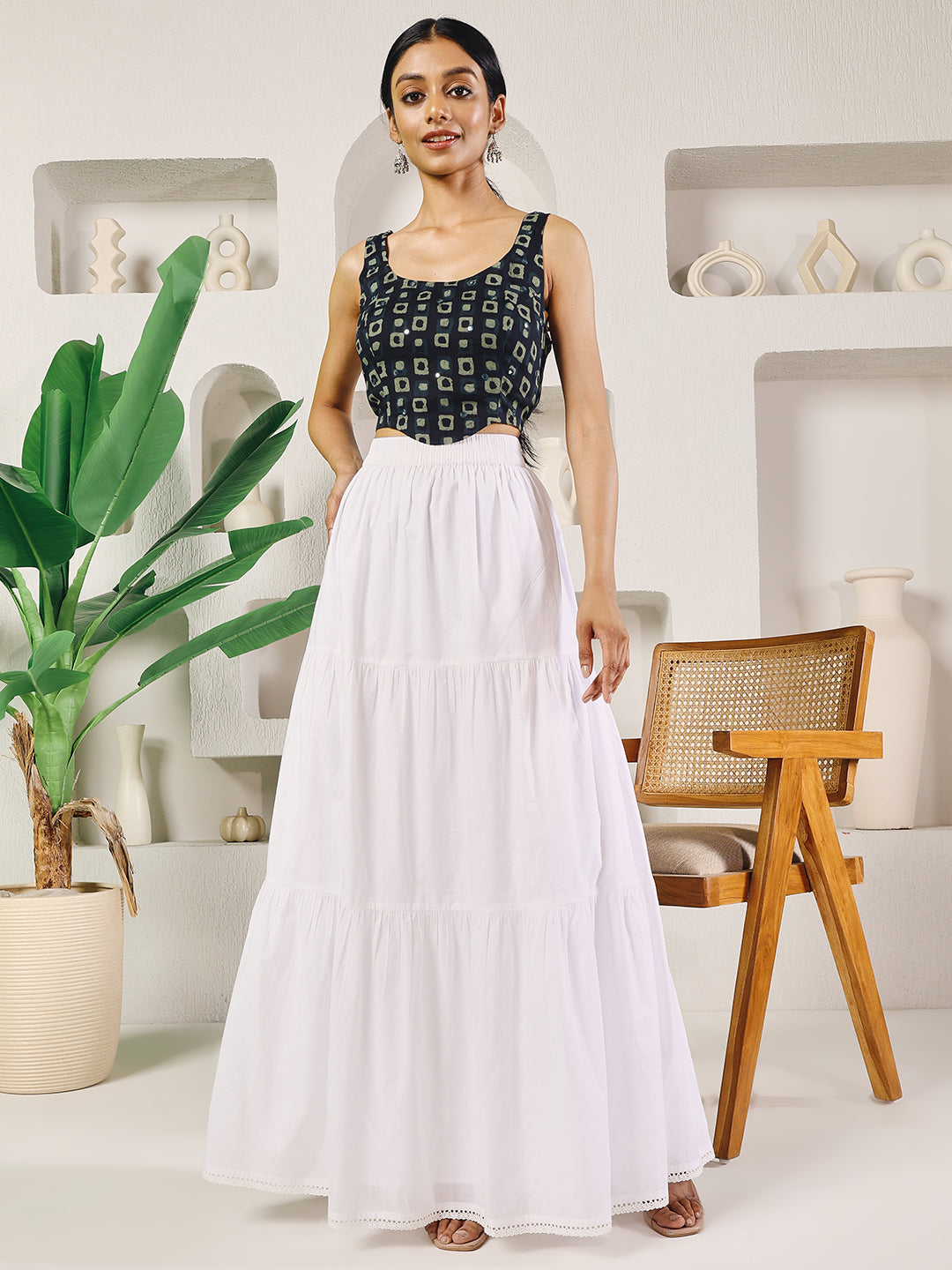 Indyancart FL Women's White Cotton Tiered Maxi Skirt