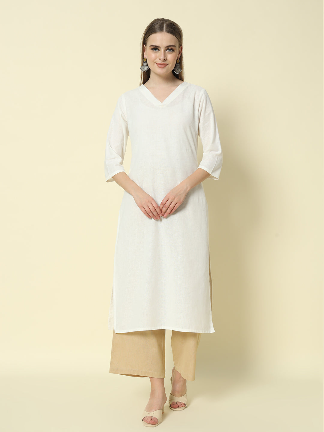 Dhiyona FL Women's Beige Cotton Solid Palazzo