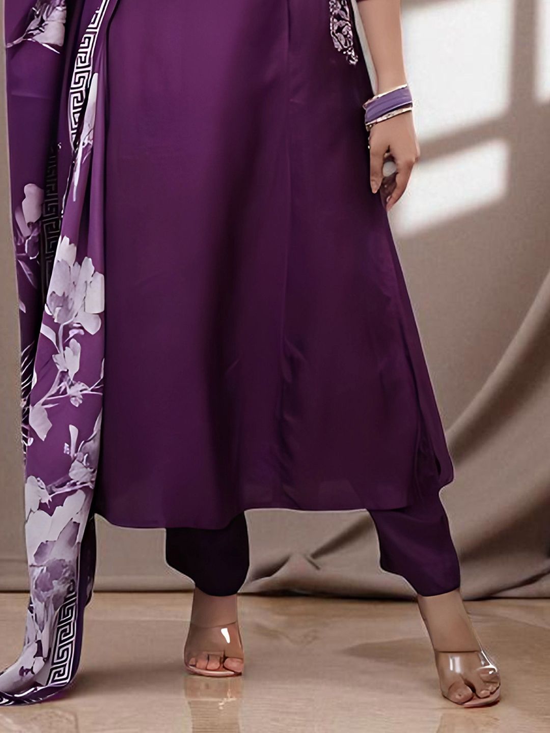 Indyancart SN Women's Floral Embroidered Pure Cotton A-Line Kurta with Churidar & Dupatta