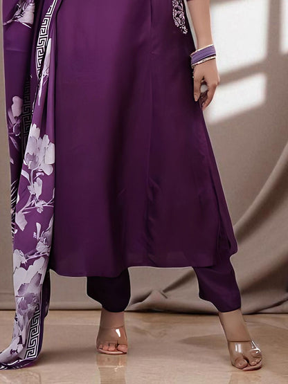 Indyancart SN Women's Floral Embroidered Pure Cotton A-Line Kurta with Churidar & Dupatta