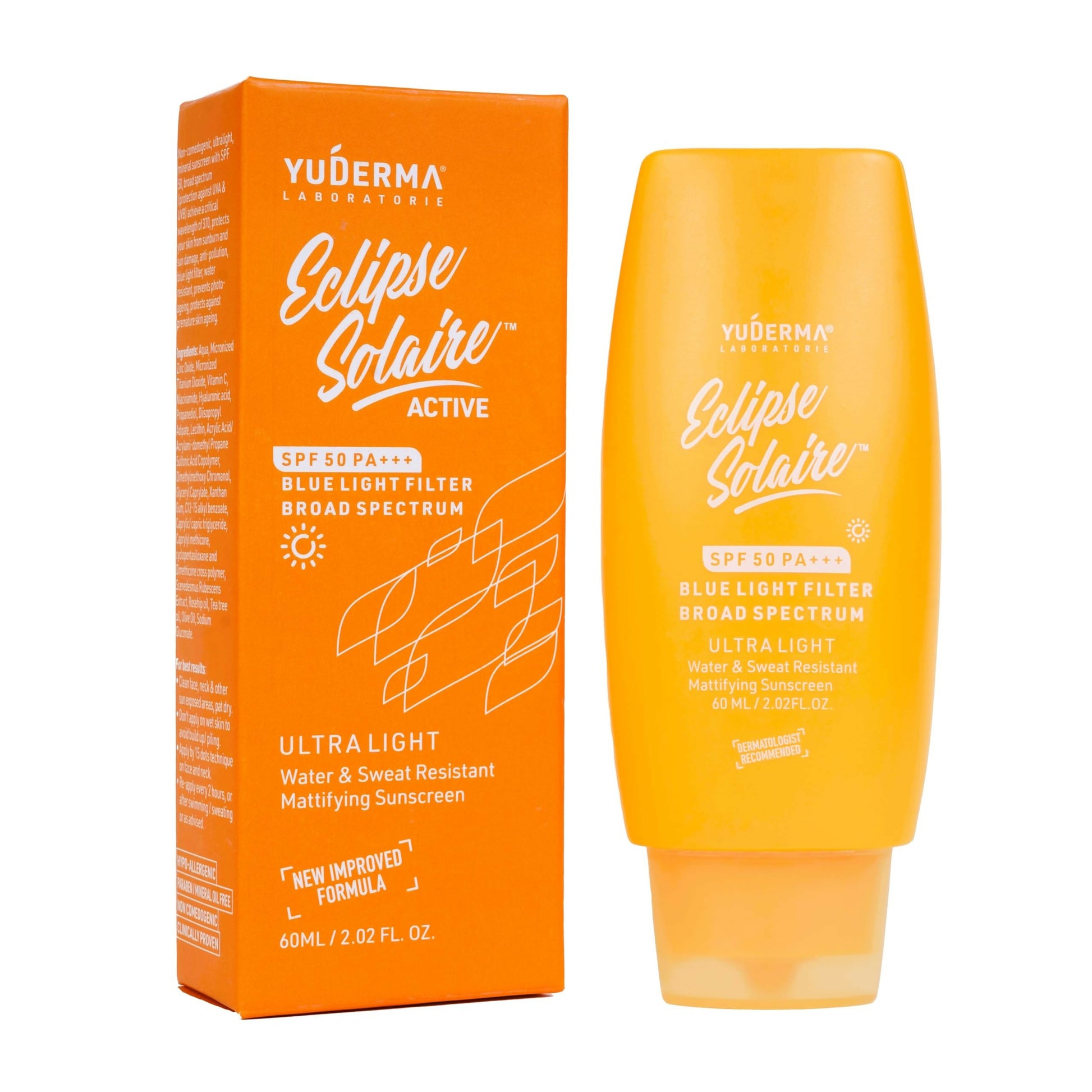 Yuderma Eclipse Solaire Mattifying Sunscreen SPF 50 PA+++ for normal skin with a smooth, lightweight lotion texture in a tube