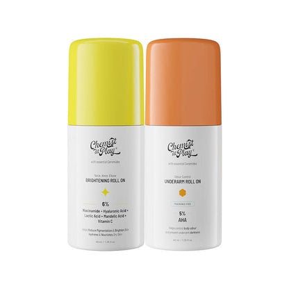 Chemist At Play brightening underarm roll-on and neck, knee, elbow cream, showing the products with applicator and packaging.