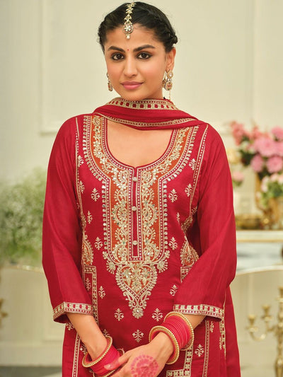 Indyancart IE Ethnic Motifs Embroidered Straight Kurta With Palazzos & Dupatta
