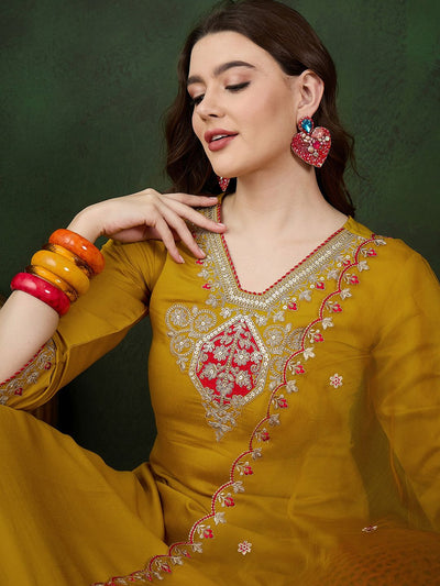 Indyancart SN Women's Yellow Floral Embroidered Regular Sequinned Kurta With Trouser With Dupatta