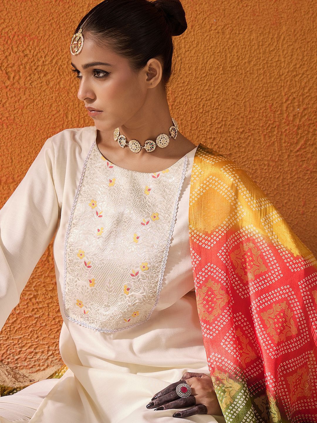 Indyancart IE Floral Woven Design Pure Cotton Straight Kurta With Trousers & Dupatta