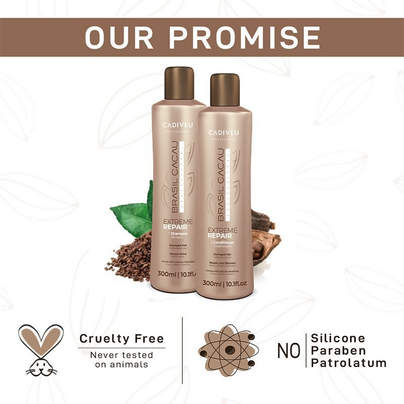 Cadiveu Brasil Cacau Extreme Repair shampoo and conditioner set for damaged hair, with nourishing formulas and sleek packaging.