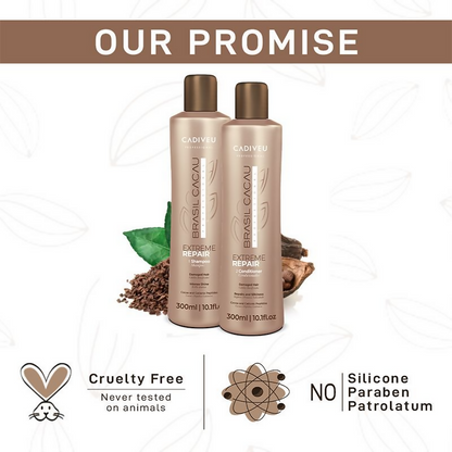 Cadiveu Brasil Cacau Extreme Repair shampoo and conditioner set for damaged hair, with nourishing formulas and sleek packaging.