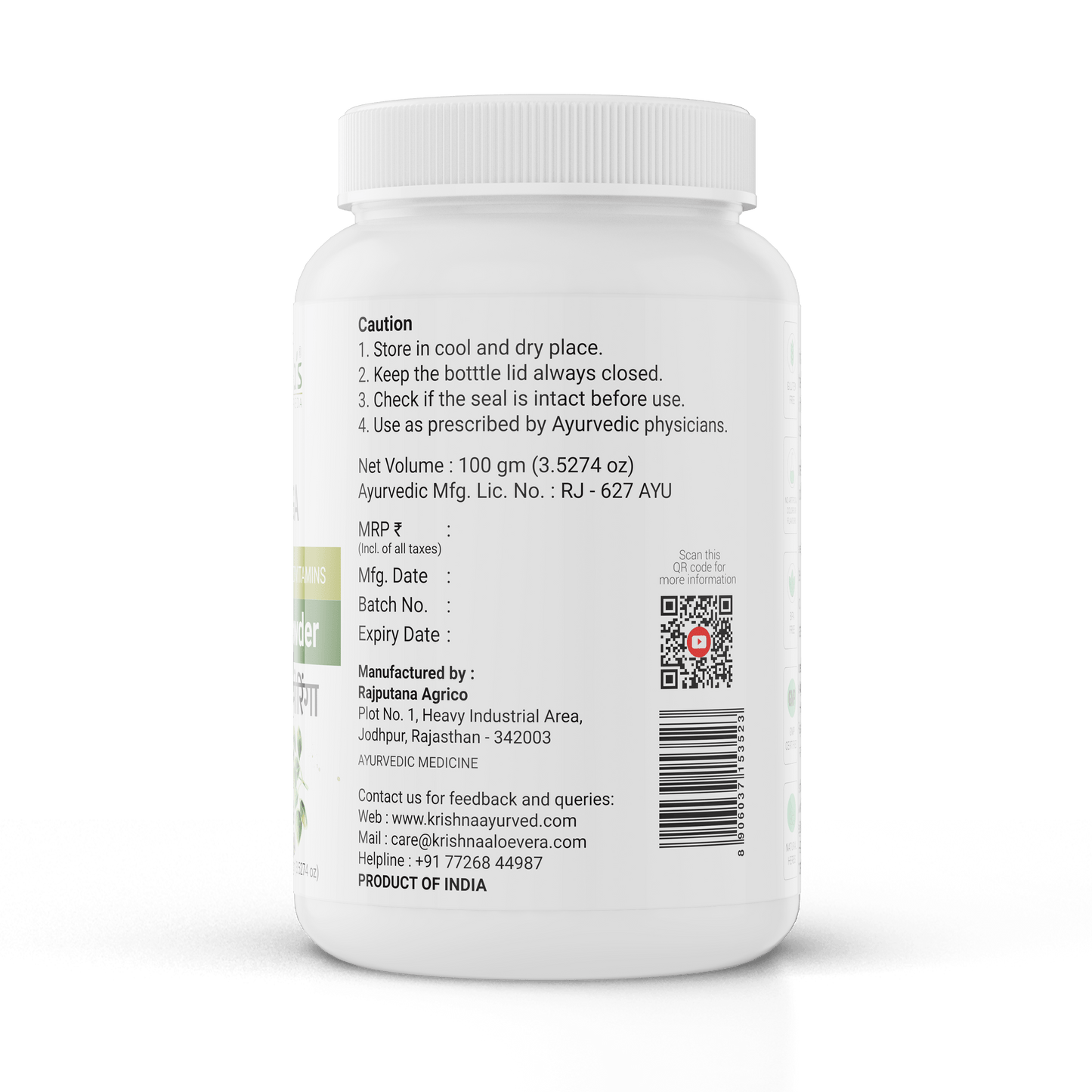 Krishna's Herbal & Ayurveda Moringa Powder in a clear jar, showcasing vibrant green Ayurvedic powder on a white background.
