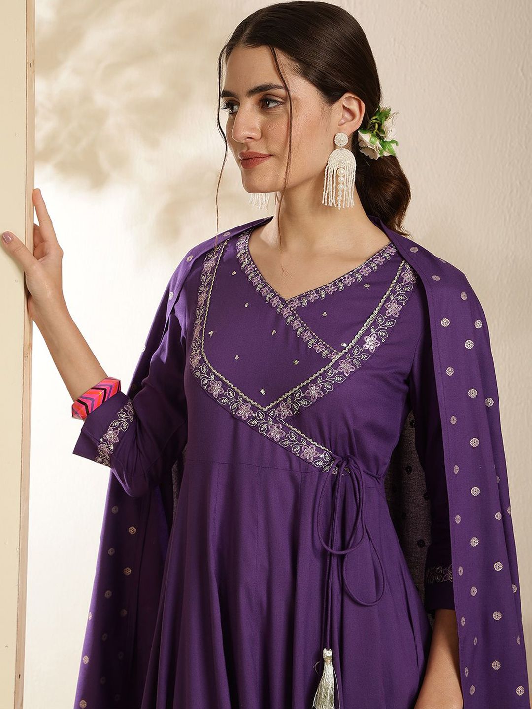Indyancart SN Women's Embroidered V-Neck Anarkali Kurta With Trouser & Dupatta