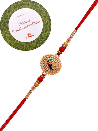 Anouk Gold-Toned Stone-Studded & Beaded Rakhi With Roli Chawal & Greeting Card