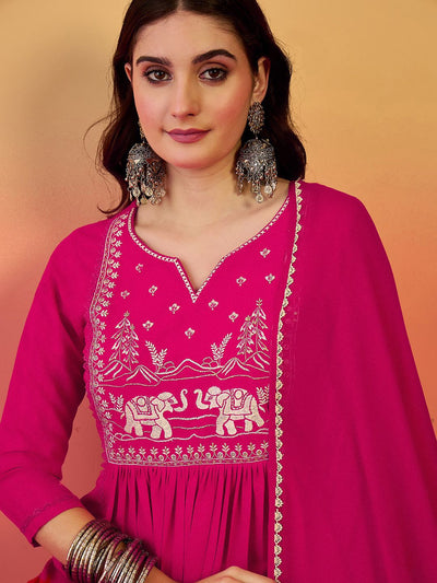 Indyancart SN Women's Embroidered Notch Neck A-Line Kurta With Trousers & Dupatta