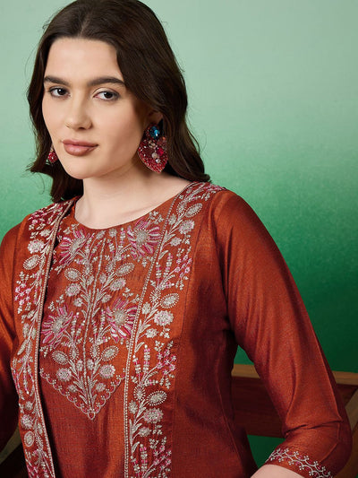 Indyancart SN Women's Embroidered Straight Kurta Set With Shrug