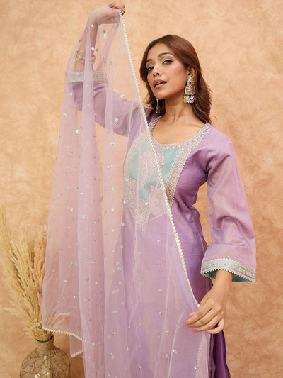 Indyancart VA Women's Ethnic Motifs Yoke Design Zari Kurta with Trousers & Dupatta