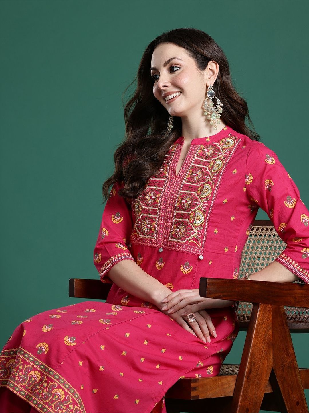 Women Ethnic Motifs Printed Panelled Thread Work Pure Cotton Kurta with Trousers