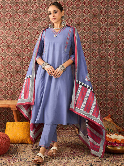 Indyancart IE Ethnic Motifs Embroidered Sequinned Pure Cotton Kurta With Trousers & Dupatta