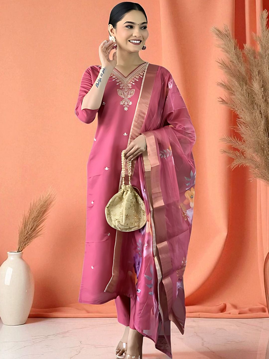 Indyancart SN Women's Embroidered Pure Cotton Straight Kurta With Pyjama & Dupatta