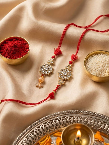 Anouk Set Of 2 Red Kundan Studded Floral Design Bhaiya Bhabhi Rakhi With Roli Chawal