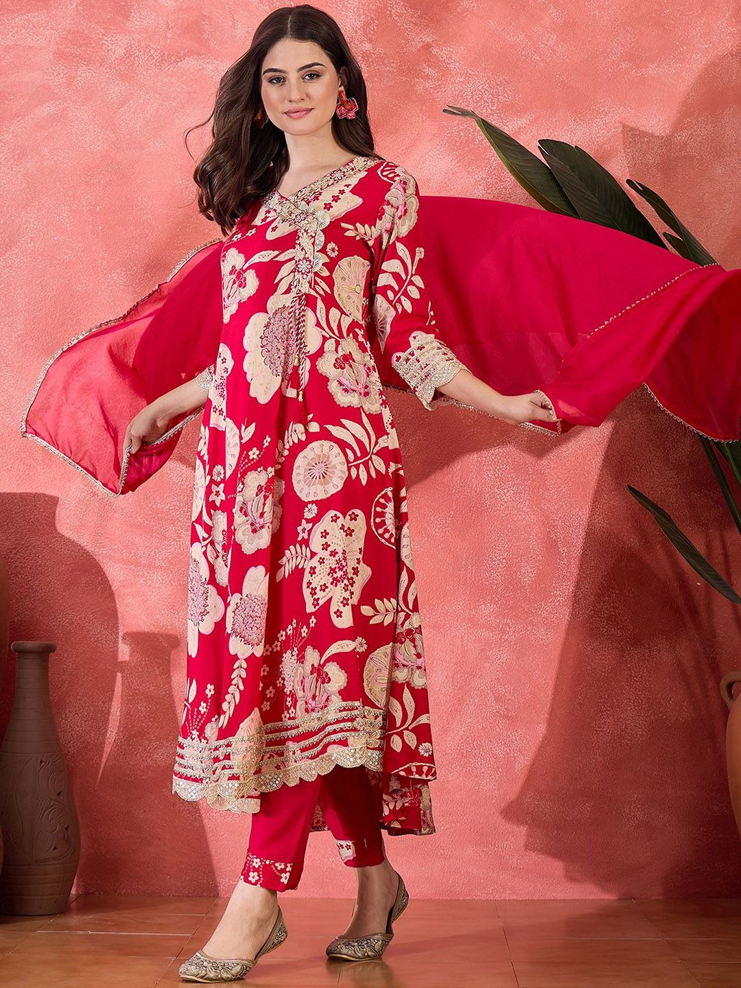 Indyancart SN Women's Floral Printed With Thread Work Embroidered Kurta With Trousers & Dupatta