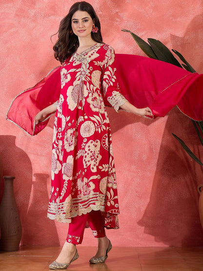 Indyancart SN Women's Floral Printed With Thread Work Embroidered Kurta With Trousers & Dupatta