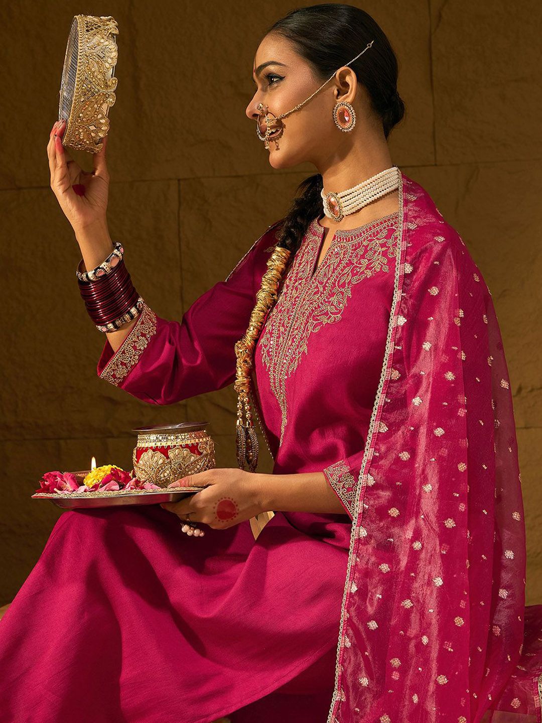 Indyancart IE Ethnic Motifs Yoke Design Straight Zari Liva Kurta with Trousers & Dupatta