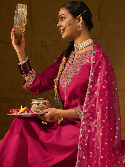 Indyancart IE Ethnic Motifs Yoke Design Straight Zari Liva Kurta with Trousers & Dupatta