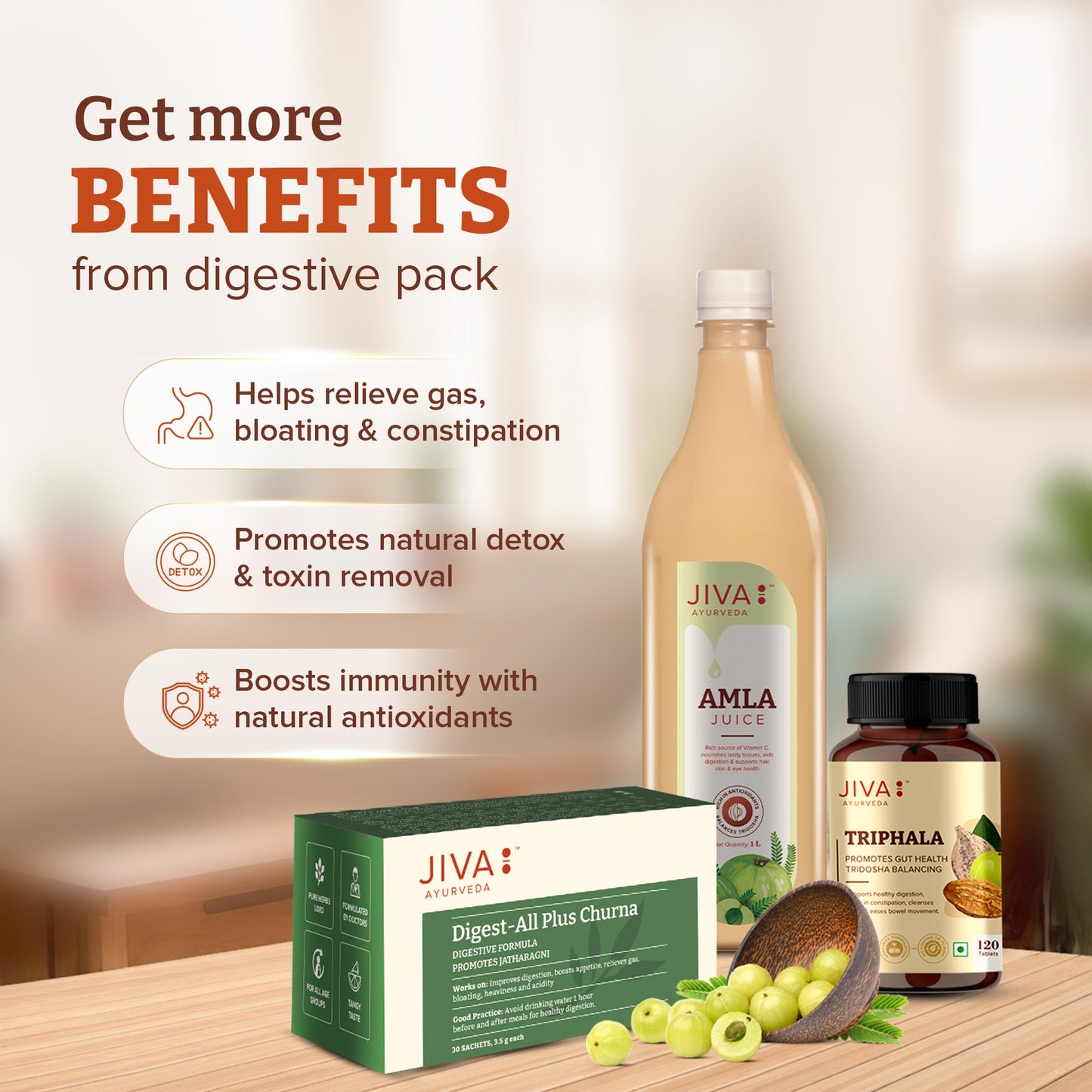 Jiva Ayurveda Digestive Care Combo - Digest-All Churana 30 Sachet - Amla Juice 1L - Triphala 120 Tablet