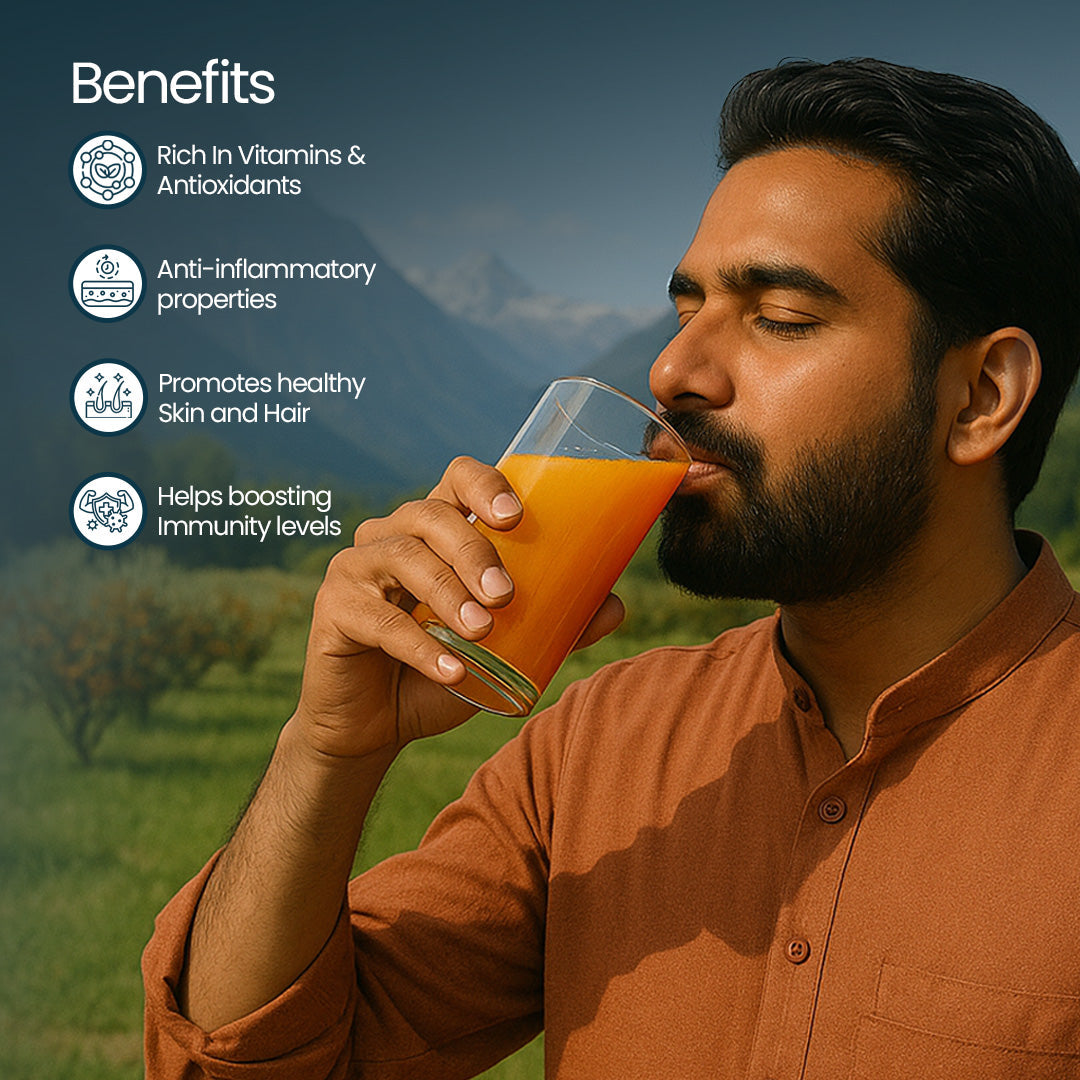 Bottle of Krishna's Herbal & Ayurveda Sea Buckthorn Juice, an Ayurvedic drink with vibrant orange sea buckthorn berries and fresh juice.
