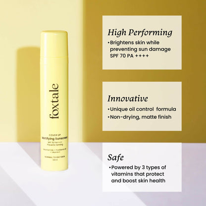 Foxtale Niacinamide SPF 70+ PA++++ sunscreen bottle with a white cap and label, designed for UV protection and skin mattifying.