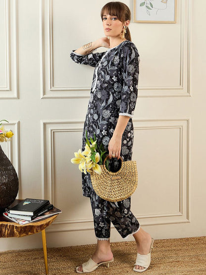 Indyancart IE Floral Printed Notched Neck Pure Cotton Straight Tunic With Trouser