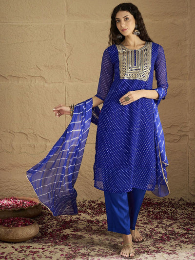 Indyancart VA Women'sBandhani Printed Silk Georgette Round Neck Straight Kurta With Trousers & Dupatta