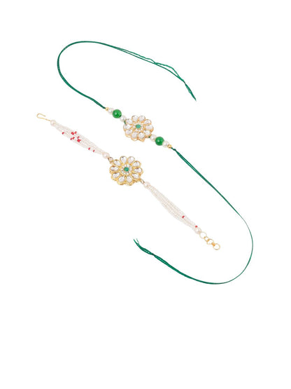 Anouk Set Of 2 Kundan Floral Design Gold Toned Bhaiya Bhabhi Rakhi Set With Roli Chawal