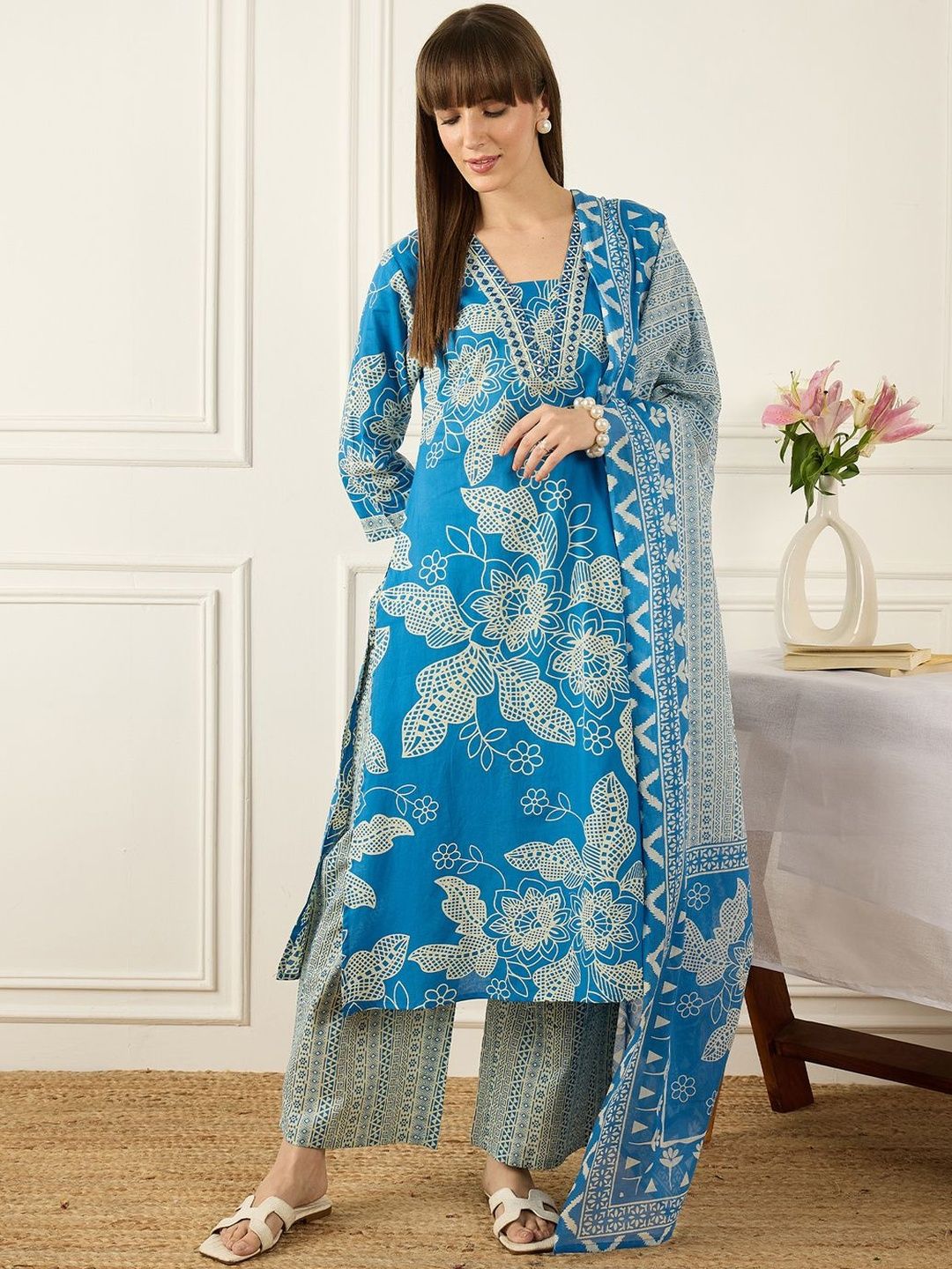 Floral Printed V-Neck Regular Pure Cotton A-Line Kurta With Trousers & Dupatta