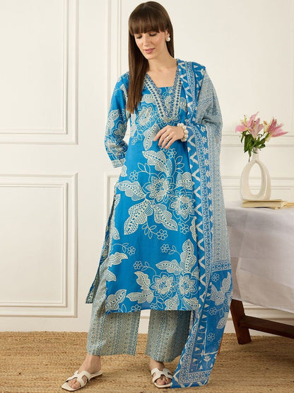 Floral Printed V-Neck Regular Pure Cotton A-Line Kurta With Trousers & Dupatta