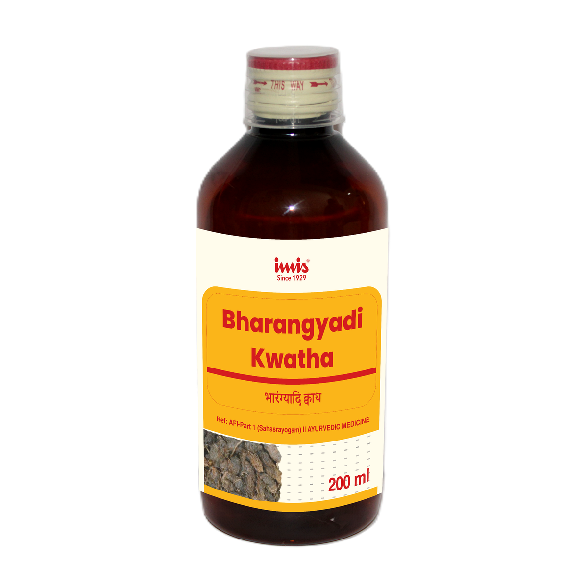 IMIS Ayurveda Bharangyadi Kwatha Ayurvedic syrup in a 200ml bottle with a label featuring traditional herbal ingredients.