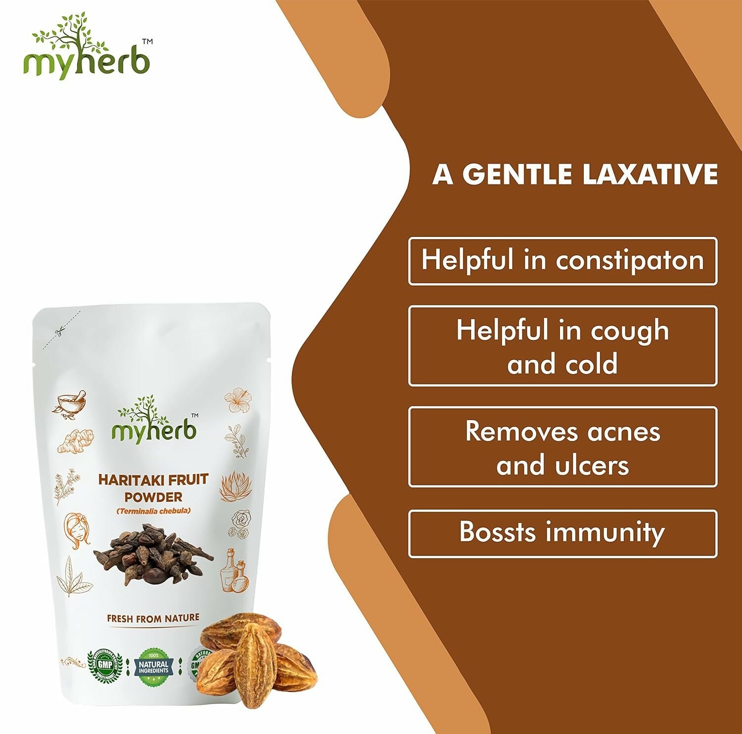 Organic Haritaki powder in a glass jar, Ayurvedic supplement from Myherb, with a spoonful of bright yellow powder on a wooden surface.
