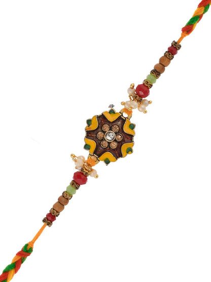 Anouk Green Stone Studded & Beaded Thread Rakhi With Roli Chawal With Greeting Card