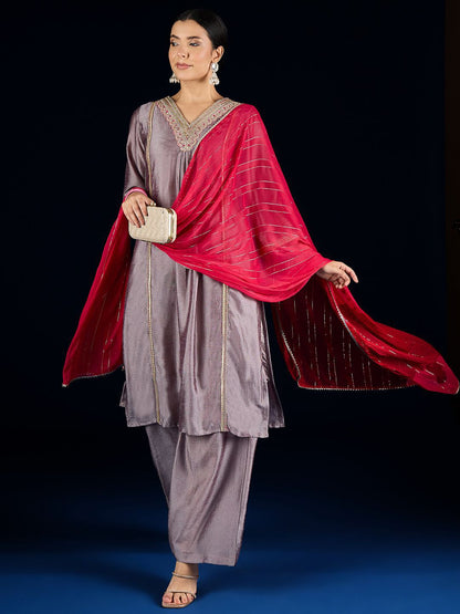 Indyancart VA Floral Yoke Design A-Line Kurta With Palazzos & Dupatta