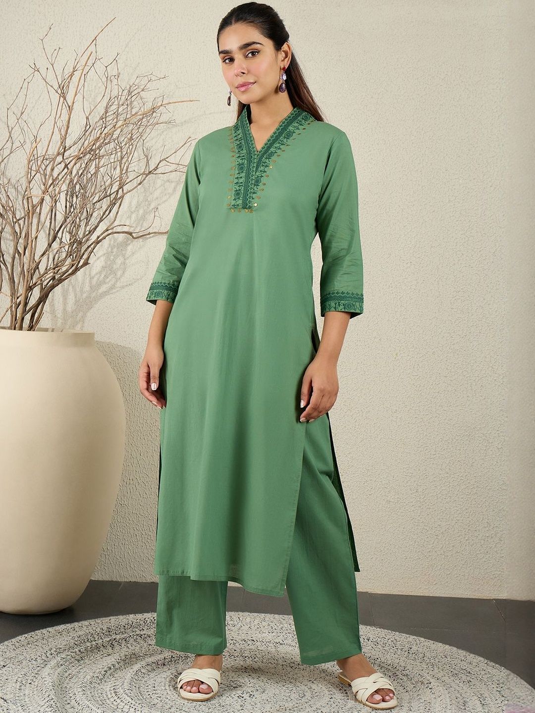 Women Ethnic Motifs Embroidered Sequinned Pure Cotton Kurta with Trousers