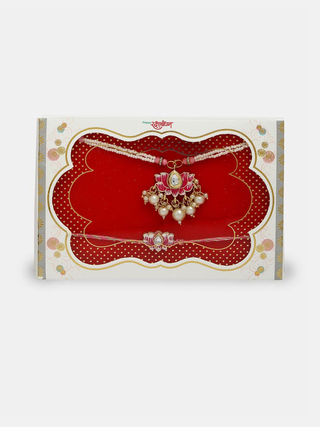 Anouk Unisex Set Of 2 Pink Lotus Shape Kundan-Studded & Beaded Wraparound Rakhi Set